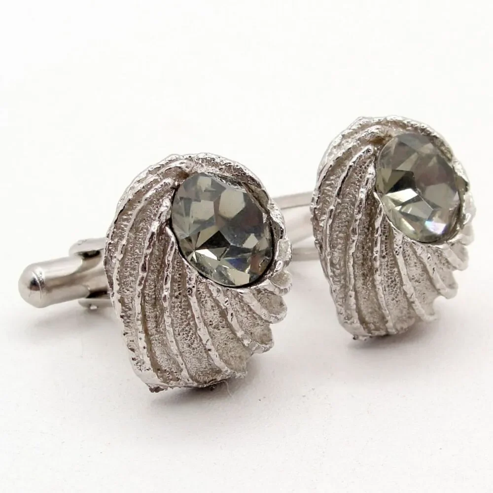 Vintage Swank Silver Tone Shell Cufflinks Smoky Rhinestone Glass MCM Wedding
